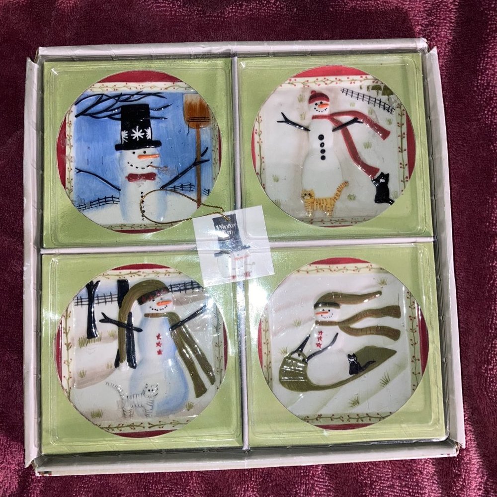 Set of 4 Mini Snowman Plates by Cindy Shamp MWW Market Winter Fun 4.5" EUC NIB